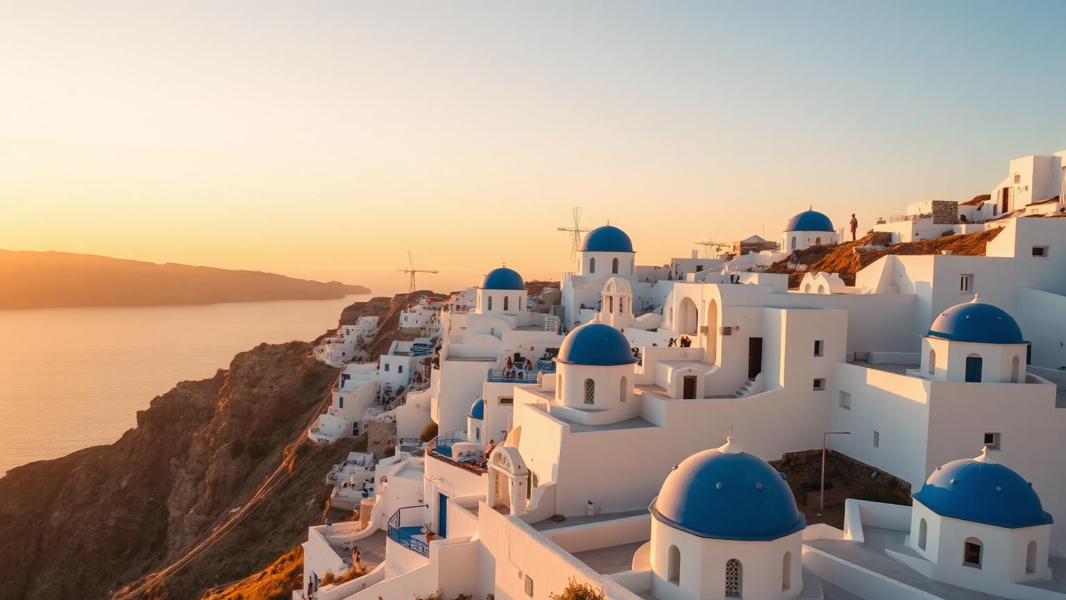White village with blue domes above the Aegean sea at golden hour